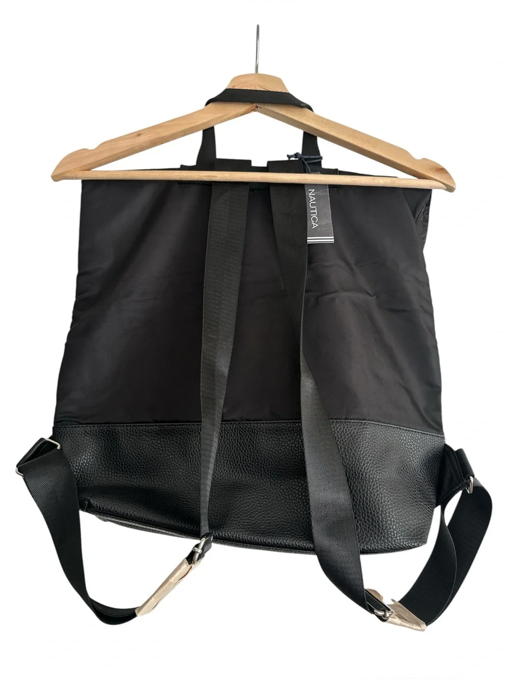 Nautica Black Nylon & Faux Leather Fold Over Buckle Backpack